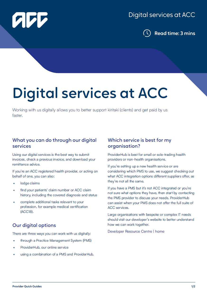 Digital services at ACC How to invoice provider quick guide page one information