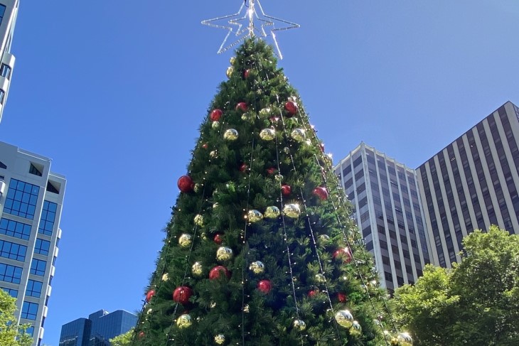 A large mock Christmas tree outside in a city with tall buildings in the background. 