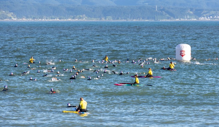 A group of IronMāori competitors swimming in the water.