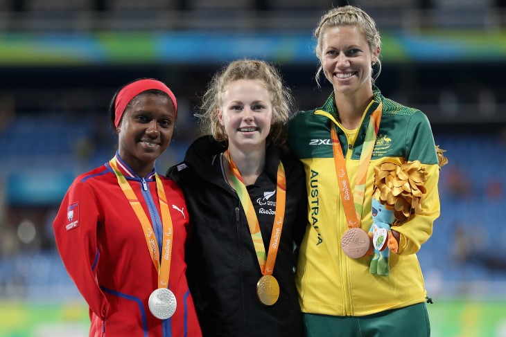 Anna Grimaldi poses with the other medallists after winning gold on her Paralympics debut in Rio.