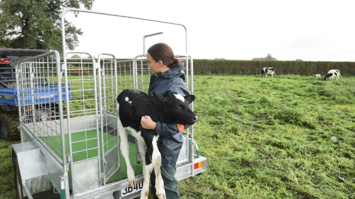 A female farmer loading a calf into the innovative new calf trailer. 