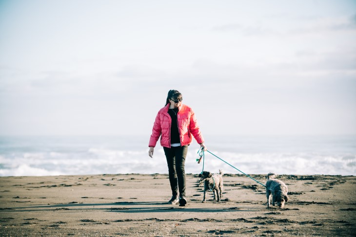 Diane Alder walking on the beach with her two dogs. 