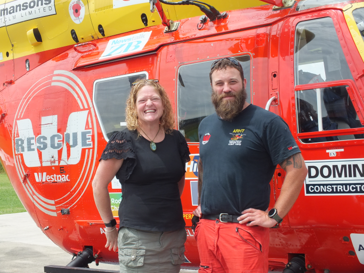 Jacinta O’Donohue and critical care paramedic Will Thompson standing in front of the Westpac Rescue 