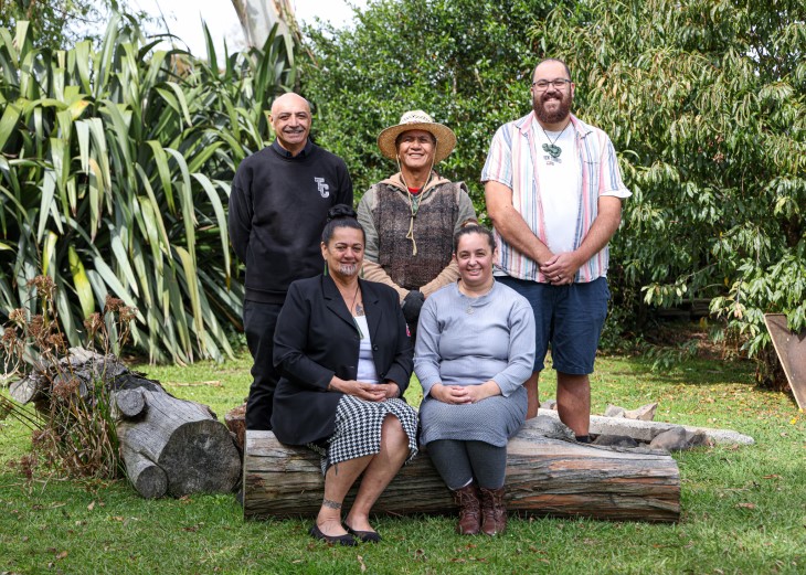 Pita Pene and his wider support network of David Williams, Jordan, and, seated from left, Hilda Holyoake and Penehuia Patterson. 