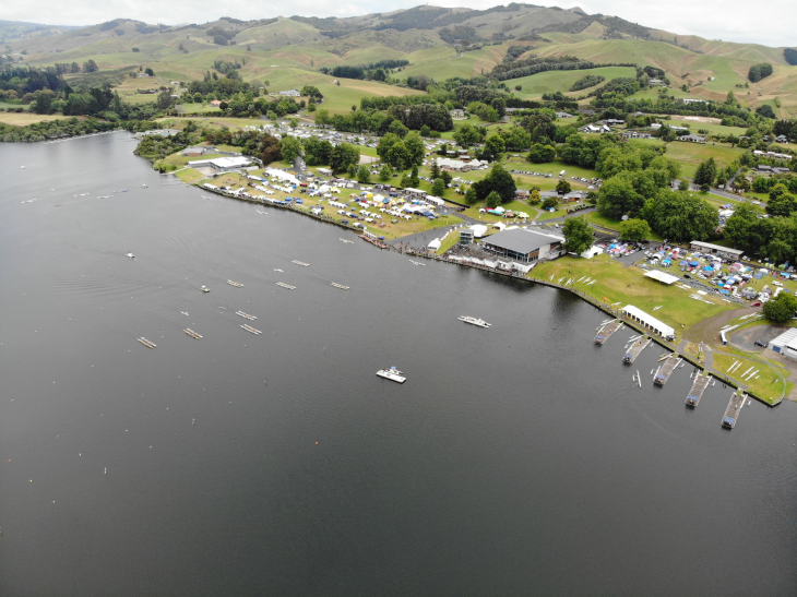 An aerial photo of the Waka Ama Sprint Nationals at Lake Karāpiro.